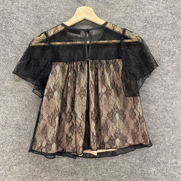 Mod Blouse Women S Small Black Lined Crochet Round Neck Short Sleeve Hook & Eye - Picture 2 of 9